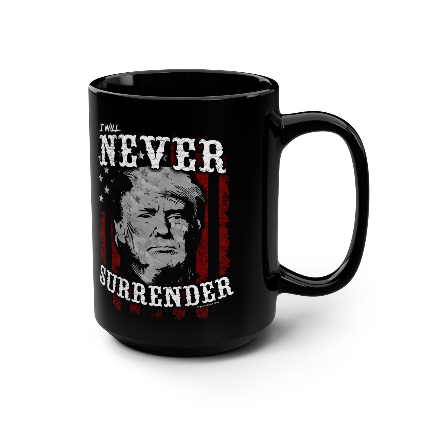 Trump Never Surrender Black Mug, 15oz